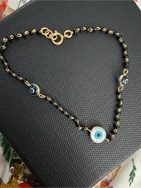 14k Gold Evil Eye Bracelet with Blue and White Accents
